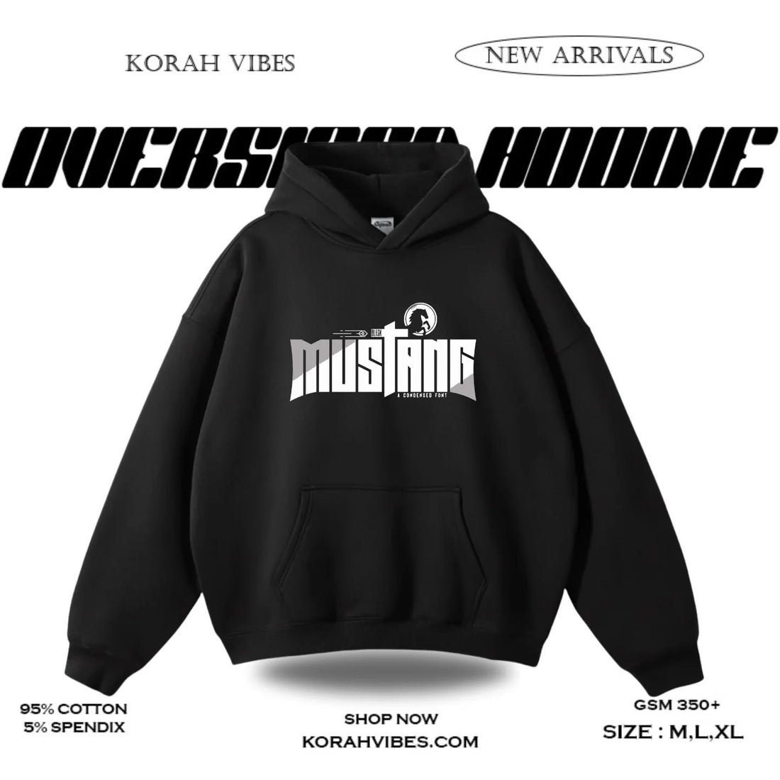 MUSTANG PREMIUM OVERSIZED BLACK  HOODIE